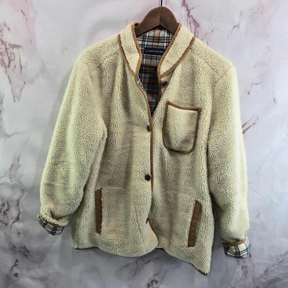 United By Blue Coat Women Large Cream Sherpa Teddy Fleece Flannel Lined REI